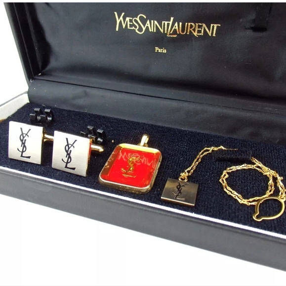 Authentic YVES SAINT LAURENT Set of 3 Cufflinks Tie Tack Necklace Top cuffs